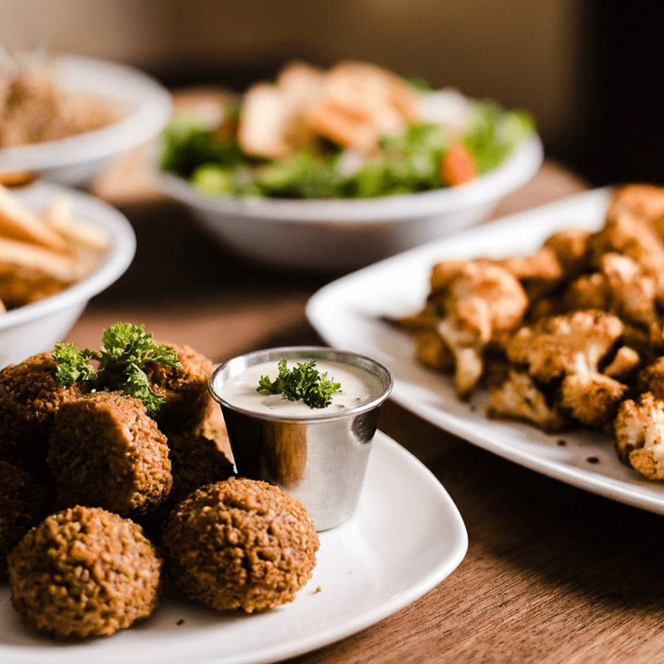 Mediterranean spread featuring falafel with tahini sauce, fried cauliflower, fries, and a fresh salad on a wooden table.