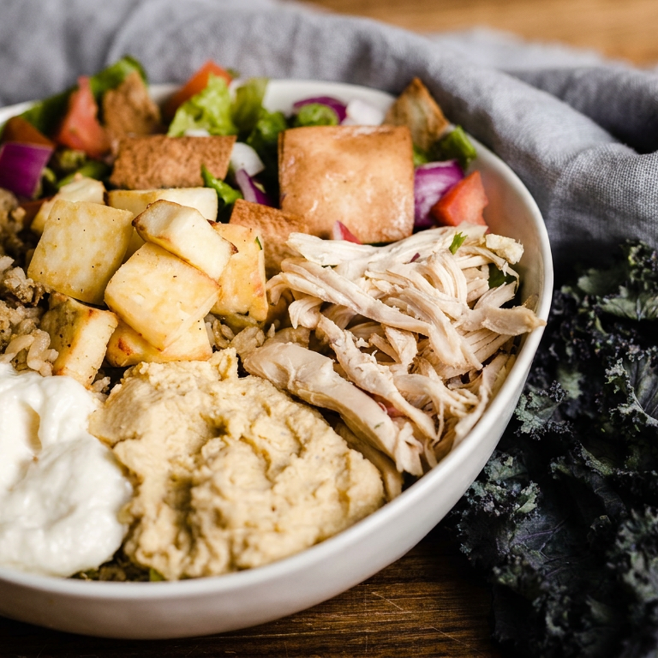 Mediterranean-style bowl with seasoned rice, roasted potatoes, shredded chicken, salad, hummus, yogurt sauce, and kale on a wooden table.
