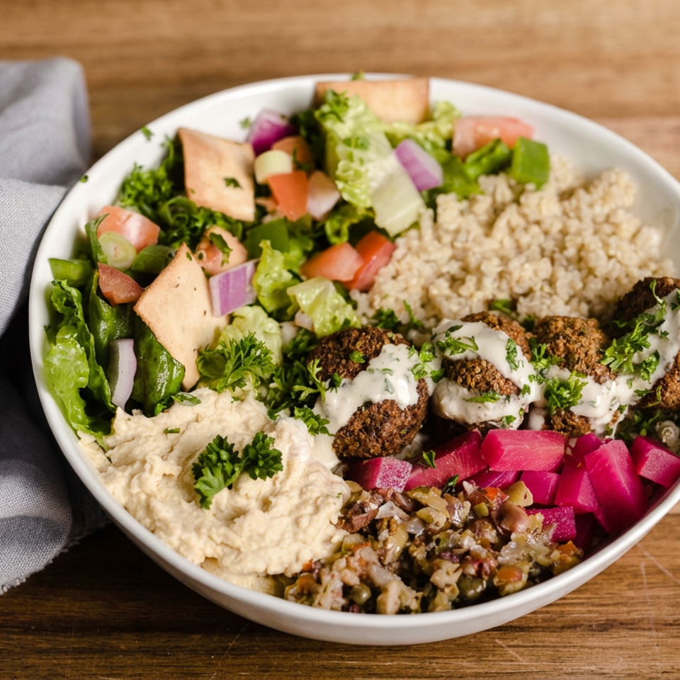 Mediterranean grain bowl with falafel, hummus, salad, quinoa, pickled vegetables, and tahini sauce on a wooden table.