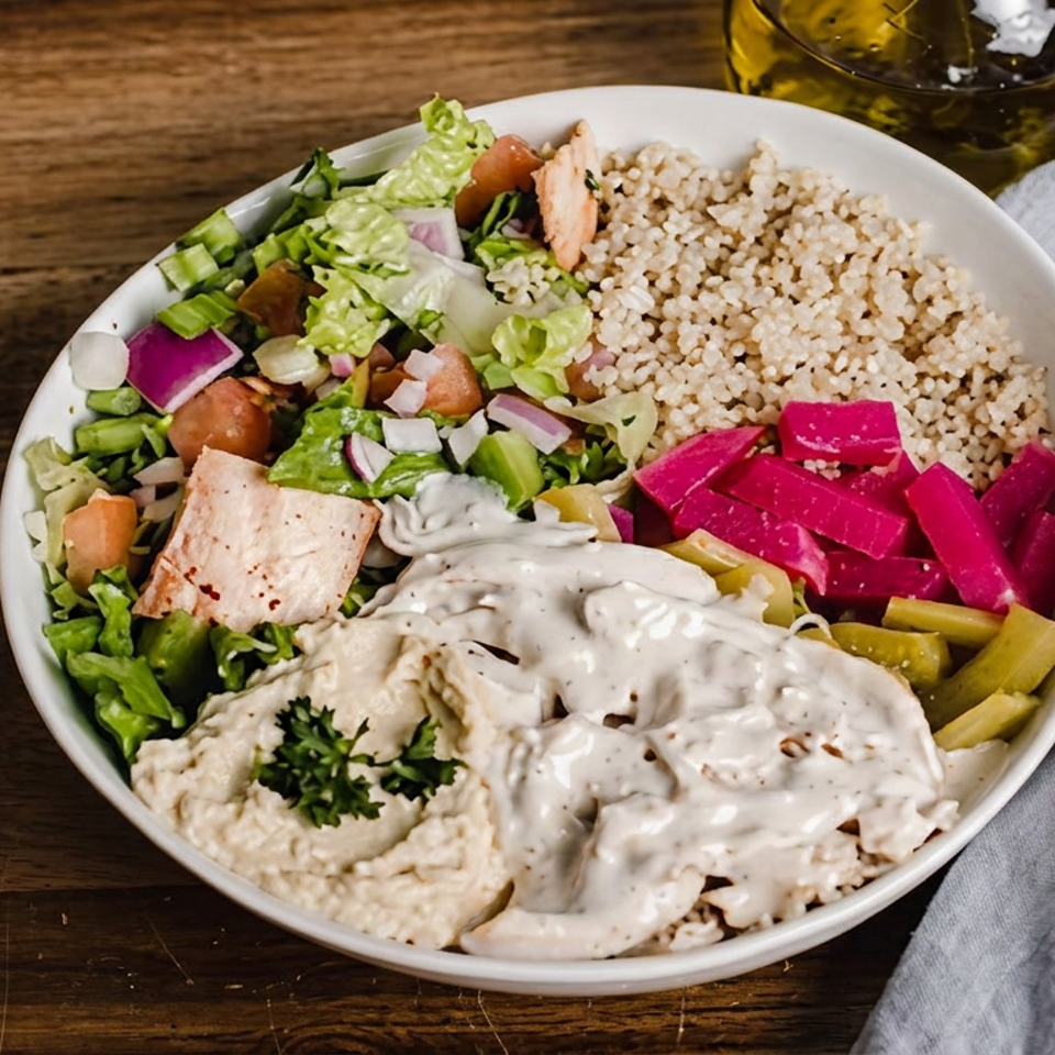Mediterranean grain bowl with grilled chicken, hummus, salad, creamy sauce, pickled cabbage, peppers, and rice on a wooden table.
