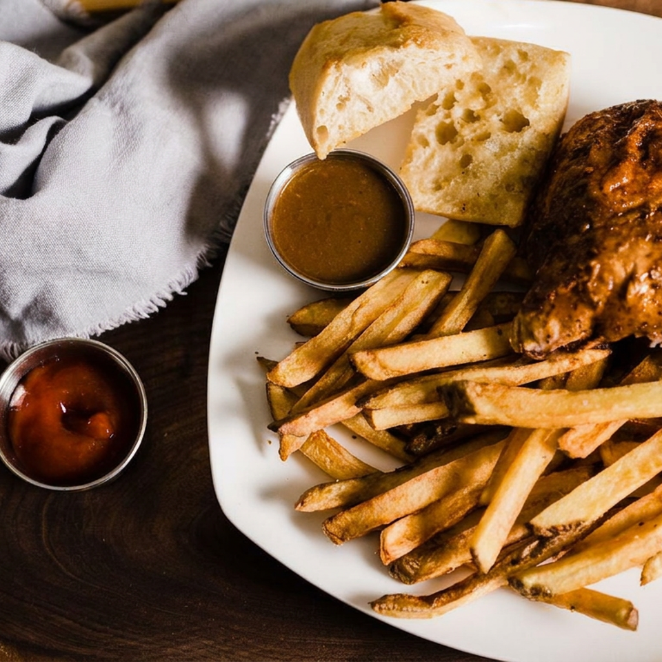 Roasted chicken with French fries, bread, and dipping sauces on a white plate atop a wooden table.
