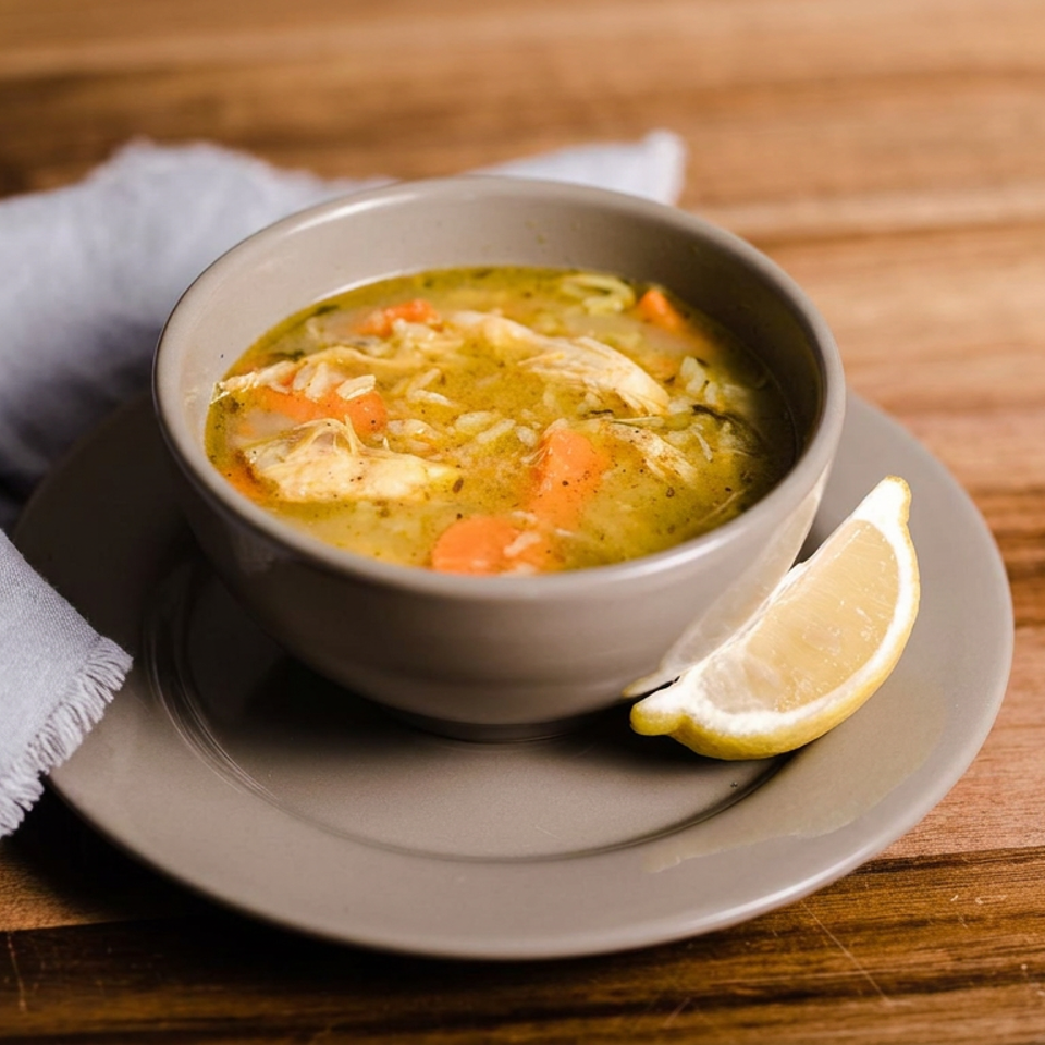 Bowl of chicken noodle soup with carrots and herbs, served with a lemon wedge on a plate atop a wooden table.