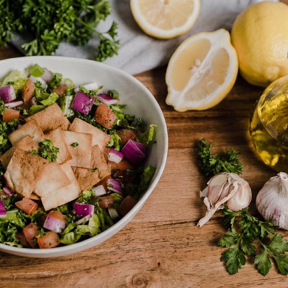 Fresh Mediterranean salad topped with toasted pita, surrounded by lemons, parsley, garlic, and olive oil on a wooden table.