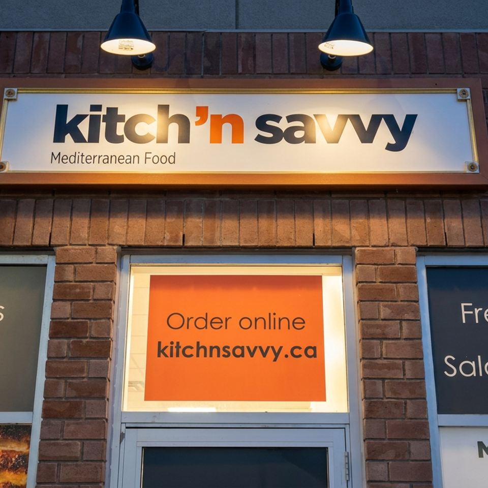Kitchen Savvy Mediterranean Food storefront with illuminated signage, online ordering notice, and window graphics promoting hummus, falafel, fries, salads, bowls, and shawarma.