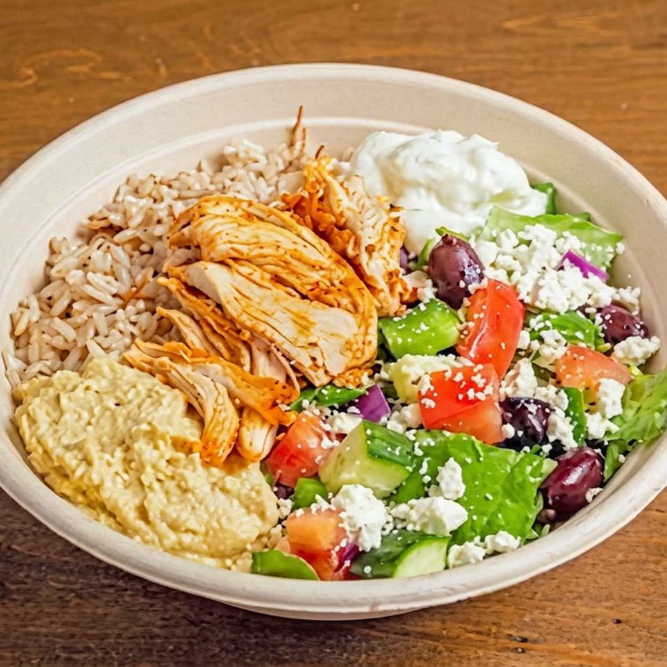 Mediterranean-style bowl with sliced chicken, rice, hummus, tzatziki, Greek salad, olives, and feta on a wooden table.