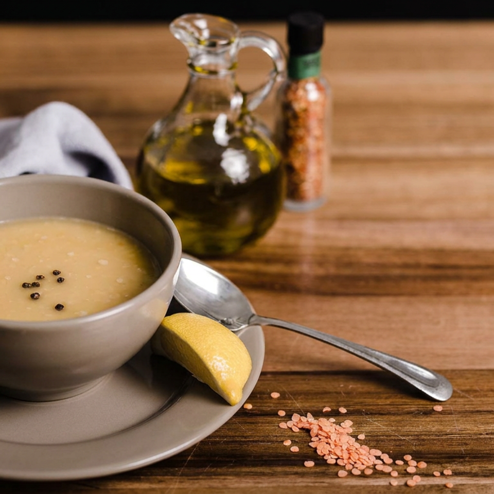 Bowl of creamy soup garnished with pepper, served with lemon, spoon, olive oil, and salt on a rustic wooden table.