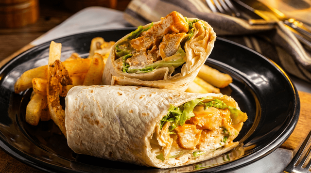 Saturday Chicken Caesar Wrap and Fries.